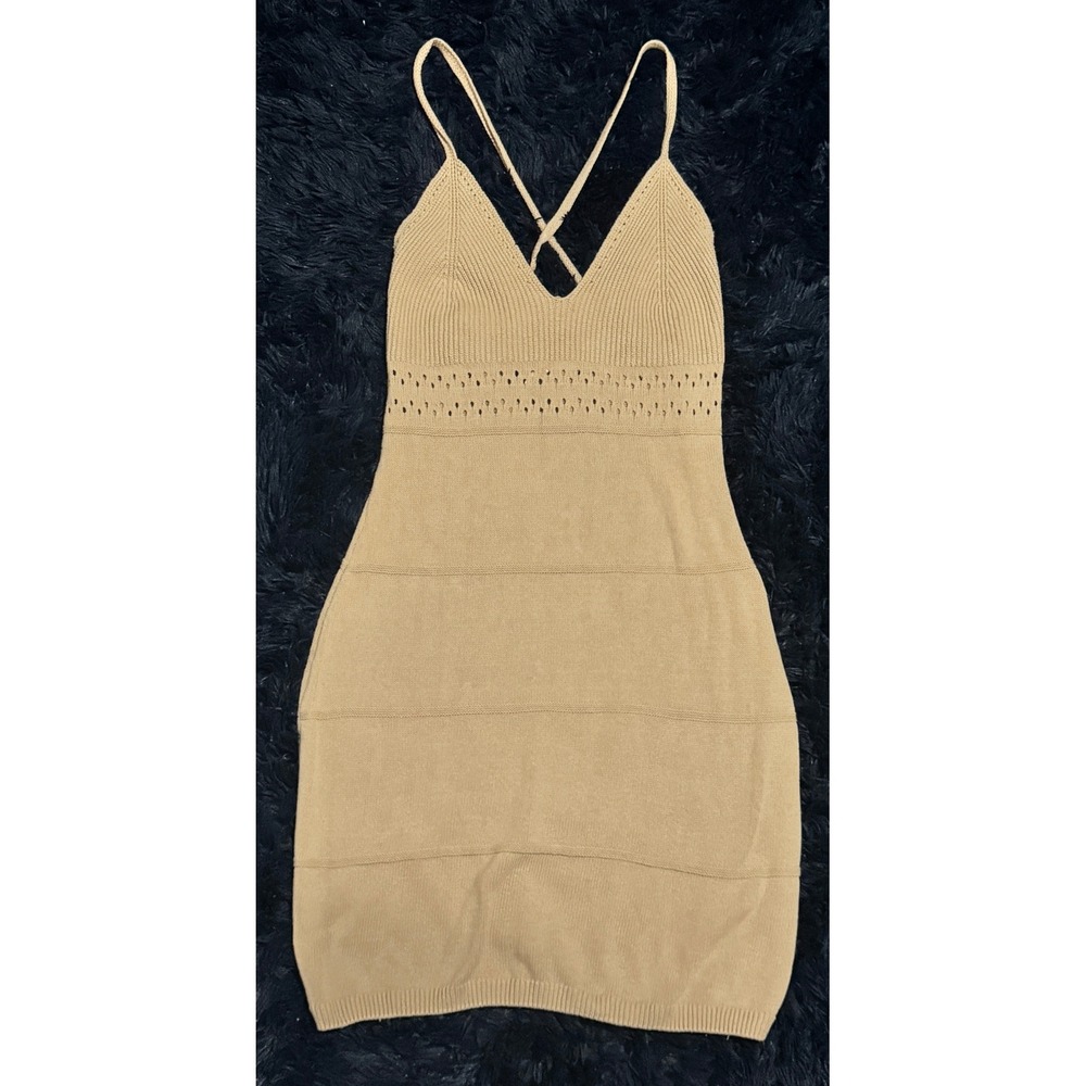 H&M Divided Tan Knit Bodycon Mini Dress Pointelle Crochet V-Neck Womens Large
